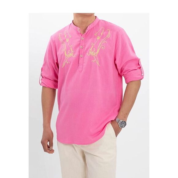 ThCreasa Mens Casual Long Sleeve Cotton Linen Henley Shirt Embroidery Summer Bea - Picture 3 of 7